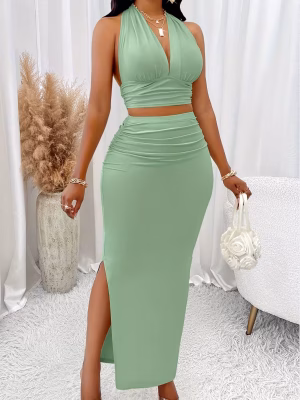 Elegant Set V-Neck Halter Top and Skirt 2pcs Set