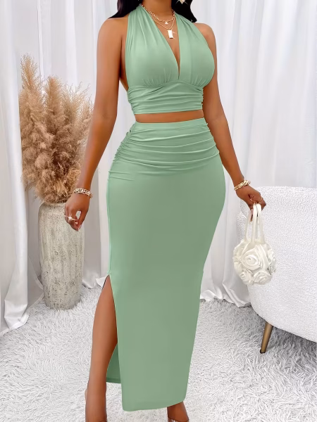 Elegant Set V-Neck Halter Top and Skirt 2pcs Set
