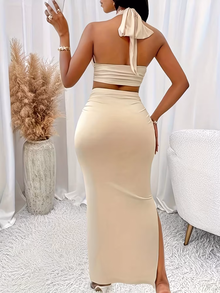 Elegant Set V-Neck Halter Top and Skirt 2pcs Set