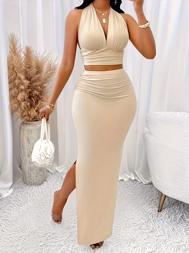 Elegant Set V-Neck Halter Top and Skirt 2pcs Set