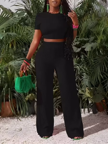 Women Vintage Black Textured Cropped Navel-Baring T-Shirt High-Waist Flowy Wide-Leg Pants Daily Casual Set