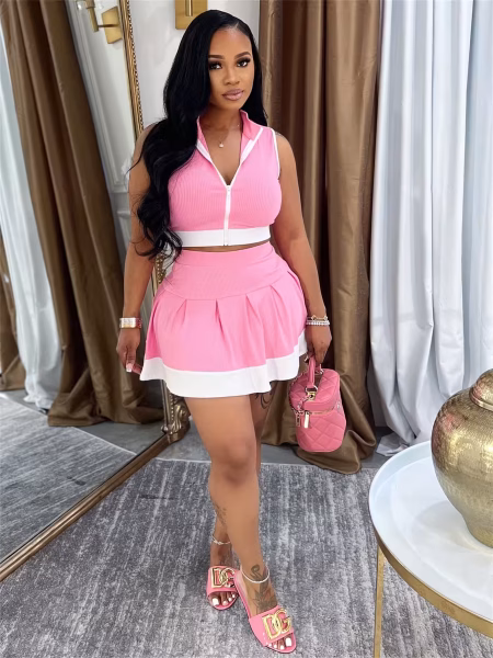 Pleated Skirt & Zip-Up Top Two-Piece Set