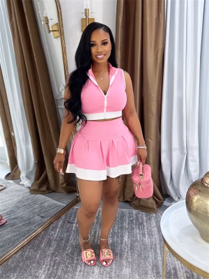 Pleated Skirt & Zip-Up Top Two-Piece Set
