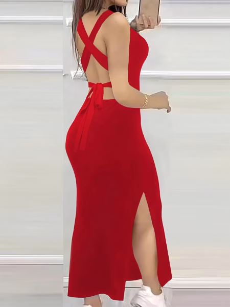Backless Cross-Strap Bodycon Maxi Dress — Red