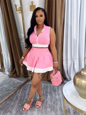 Pleated Skirt & Zip-Up Top Two-Piece Set