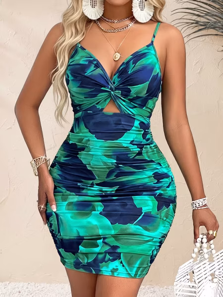Tropical Print Gathered Mini Swim Dress