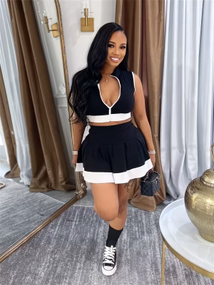 Pleated Skirt & Zip-Up Top Two-Piece Set