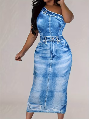 Off-Shoulder Denim Print Maxi Dress