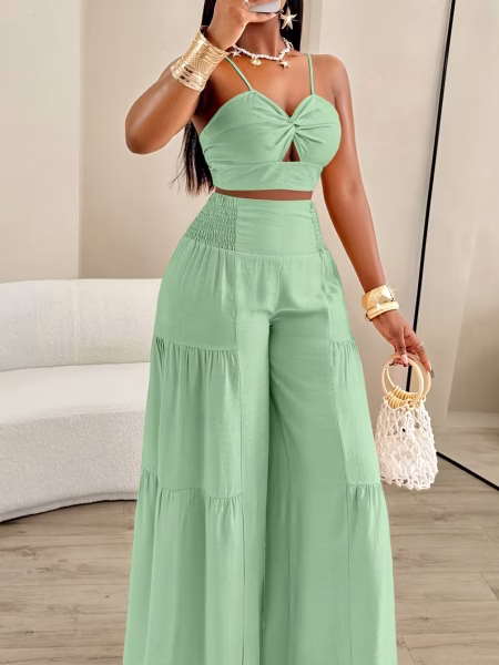 Twisted Halter Top & Layered Pants Set - S