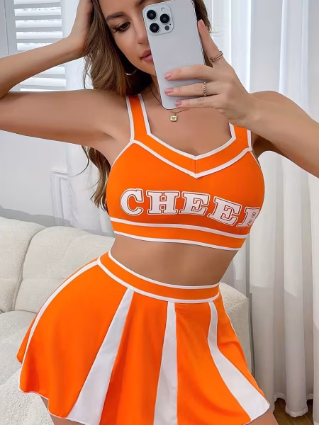Striped Cheer-Style Top & Skirt Set - Orange, XS