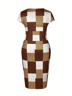 Plus Size Elegant Plaid Color Block Dress