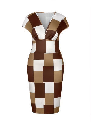 Plus Size Elegant Plaid Color Block Dress