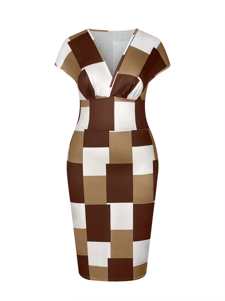 Plus Size Elegant Plaid Color Block Dress