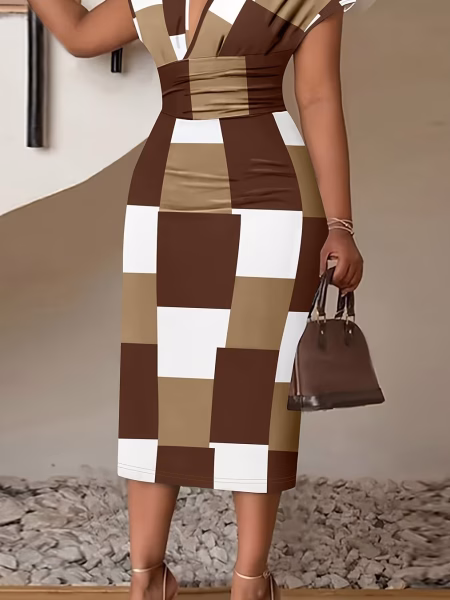 Plus Size Elegant Plaid Color Block Dress - 1XL